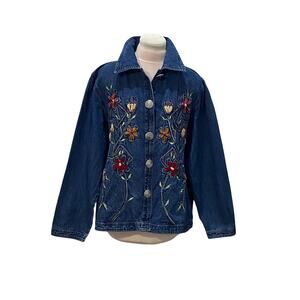 Vintage KEREN HART Denim Shacket Jacket LARGE Embroidered Flowers Artsy Unique
